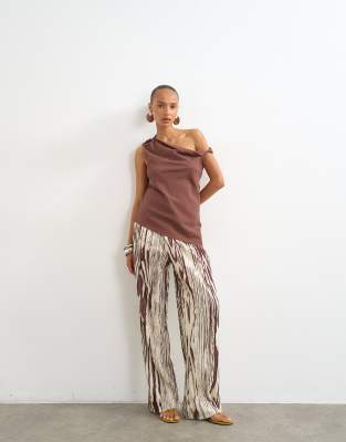 Topshop Animal Crinkle Wide Leg Pants In Brown