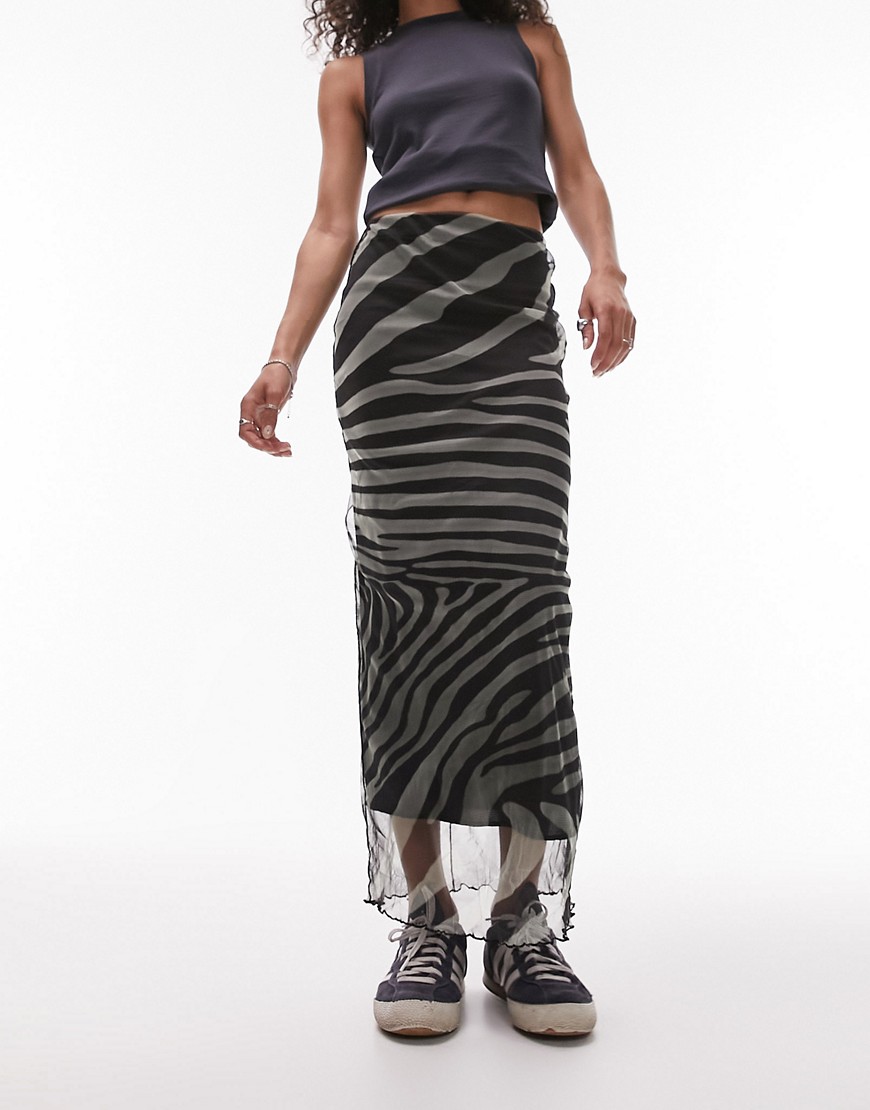 Topshop animal cut about zebra midi mesh skirt in midi-Multi