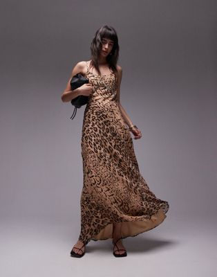 Topshop Animal Embellished Maxi Slip Dress In Brown