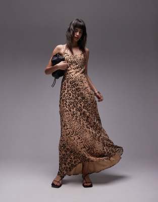 Topshop Animal Embellished Maxi Slip Dress In Brown