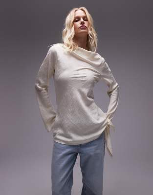 Topshop Animal Jacquard Slash Neck Long Sleeve Top In Ivory-white