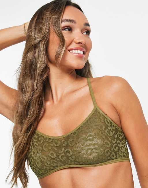 Topshop animal lace soft crop bra with cross back in khaki, 2 of 4