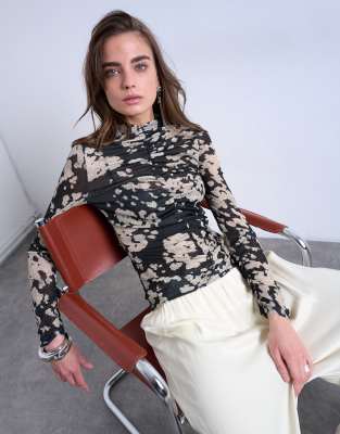 Topshop Animal Mono Spot Print Ruched Long Sleeve Top In Black