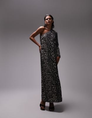 Topshop Animal One Sleeve Maxi Dress In Mono-multi