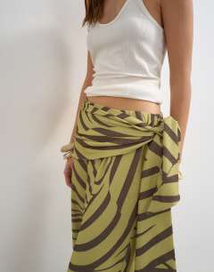 Model wearing Animal plisse wrap scarf detail trousers in green