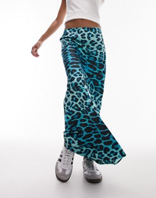 Topshop animal print bias maxi skirt in turquoise