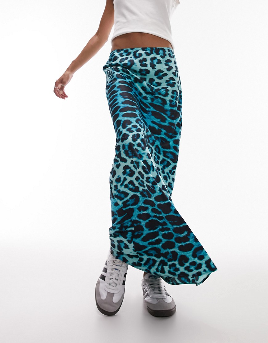 Topshop animal print bias maxi skirt in turquoise-Blue