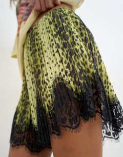 Model wearing Animal print lace trim shorts in multi