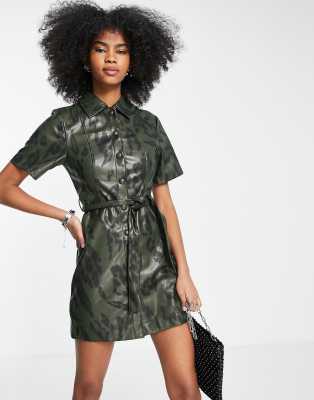 Topshop animal print faux leather shirt dress in khaki  - ASOS Price Checker