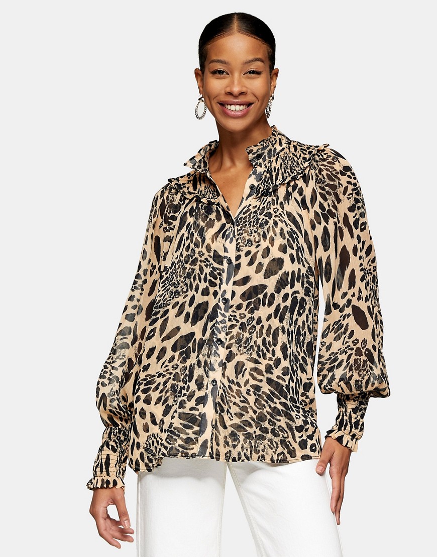 Topshop animal print shirred detail blouse in monochrome-Multi