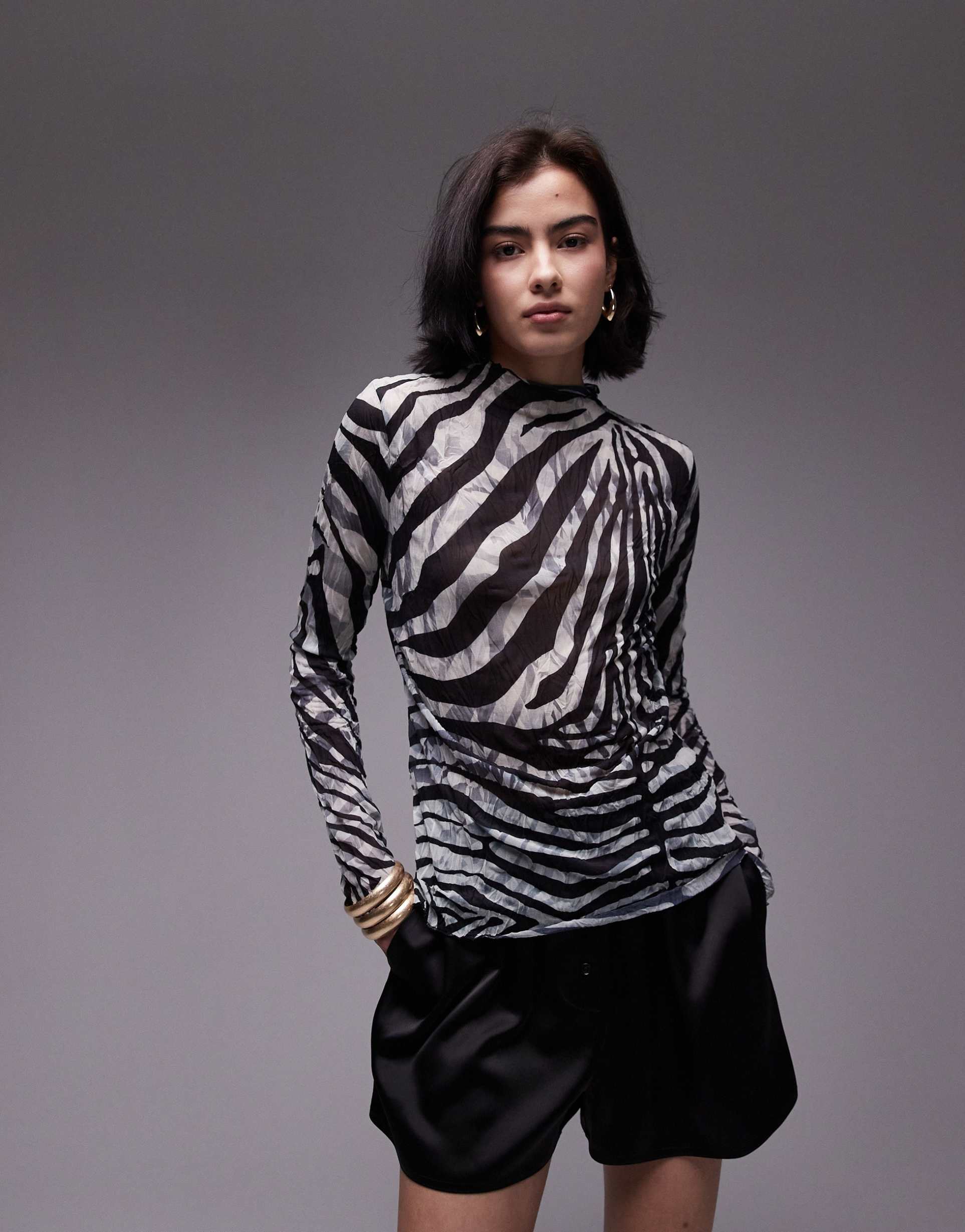topshop animal printed crinkle long sleeve high neck top in mono