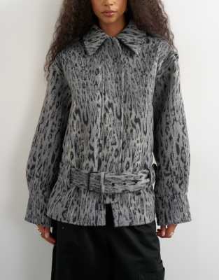 Topshop Animal Printed Wool Blend Belted Jacket-grey In Gray
