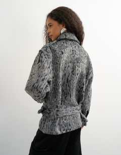Model wearing Animal printed wool blend belted jacket