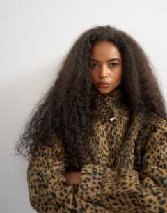 Model wearing Animal printed wool blend jacket