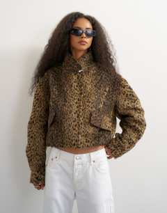 Model wearing Animal printed wool blend jacket