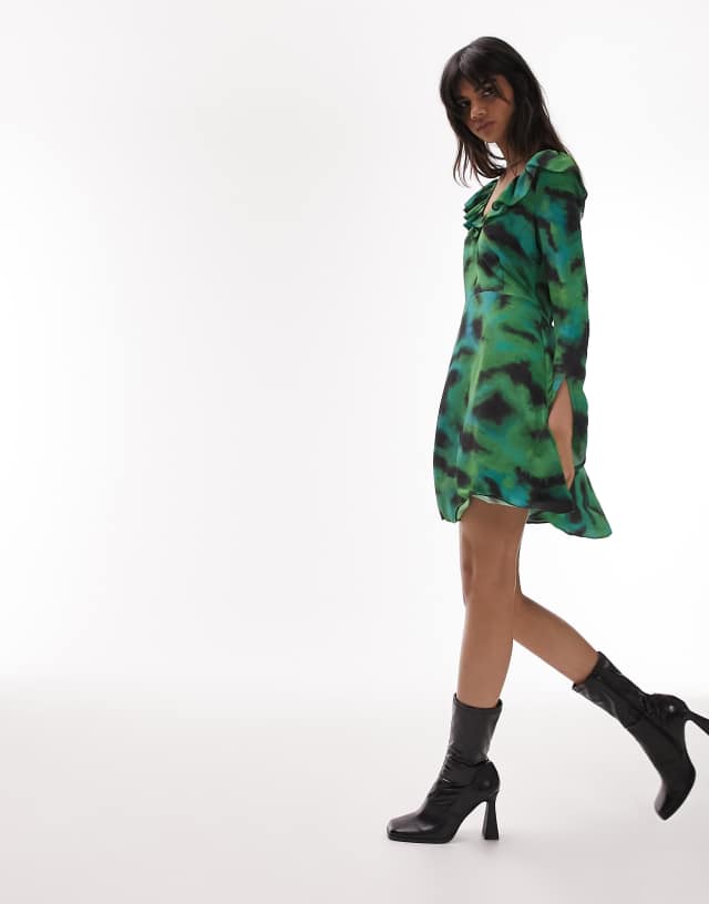 Topshop animal ruffle neck tea dress in green