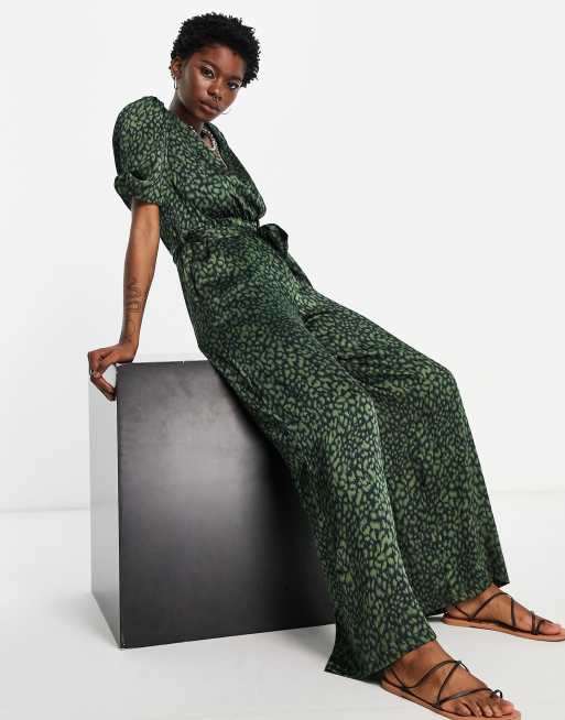 Topshop animal satin jumpsuit in green