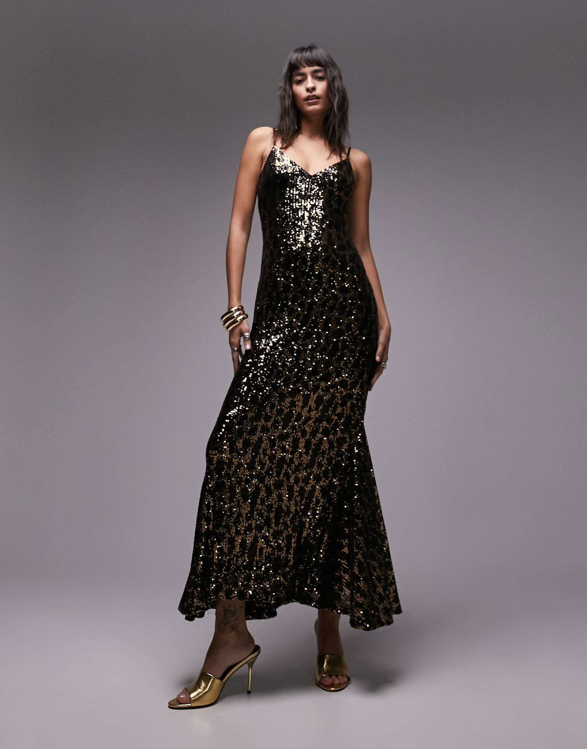 topshop animal sequin maxi dress in black and gold