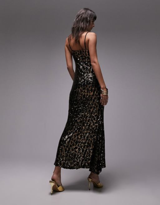 Topshop animal sequin maxi dress in black and gold