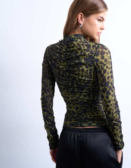 Topshop animal spot print ruched long sleeve top in black, 4 of 4