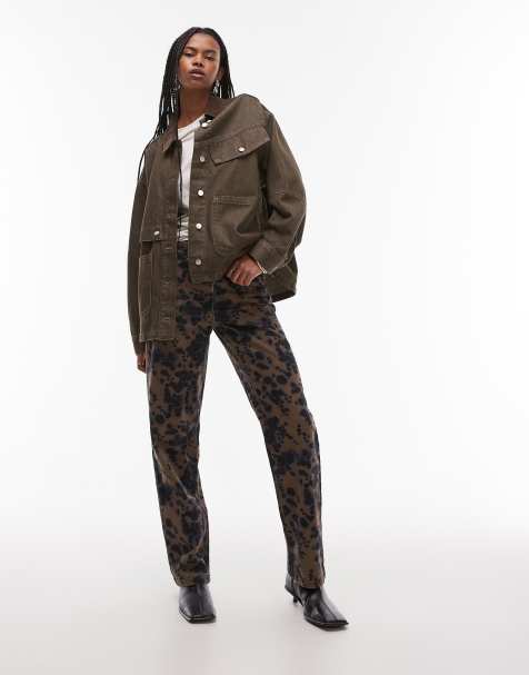 Topshop animal straight leg pants in multi - view 1