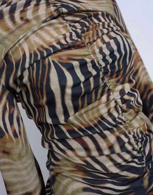 Topshop animal striped print ruched long sleeve top in multi, 3 of 4