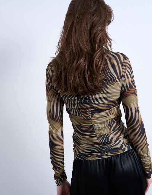 Topshop animal striped print ruched long sleeve top in multi, 4 of 4