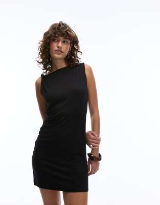 Topshop - Anliegendes Minikleid in Schwarz aus Jersey mit gedrehten Trägern