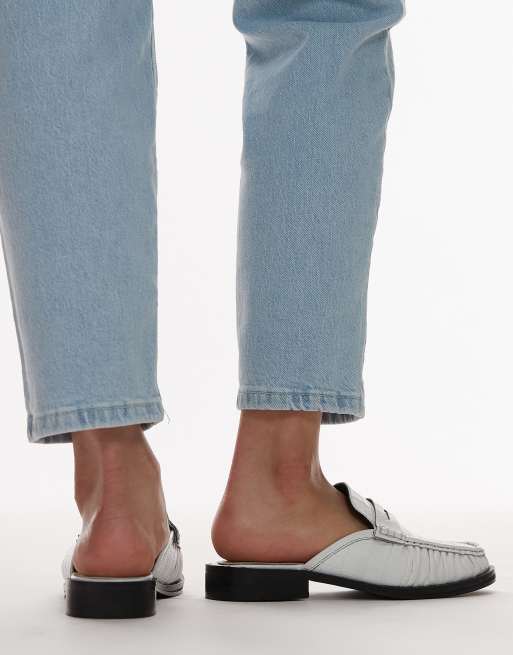 Topshop Anna leather flat shoe mules in white, 3 of 4