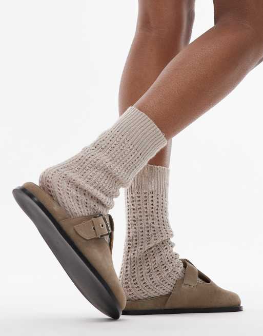 Topshop Annie leather buckle clogs in taupe suede, 2 of 4