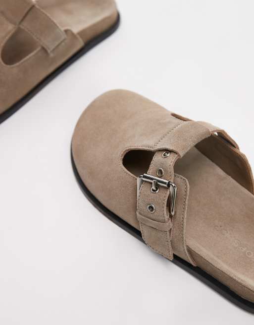 Topshop Annie leather buckle clogs in taupe suede, 3 of 4