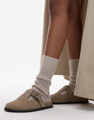 Topshop - Annie - Leder-Clogs aus Wildleder in Taupe mit Schnallendetail-Neutral