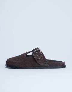 Annie real leather buckle clog in chocolate
