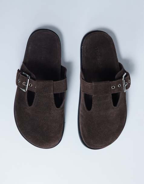 Topshop Annie real leather buckle clogs in chocolate - view 1