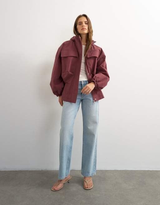 Topshop Anorak mit Kapuze und Taillenzug in Brombeerfarbe