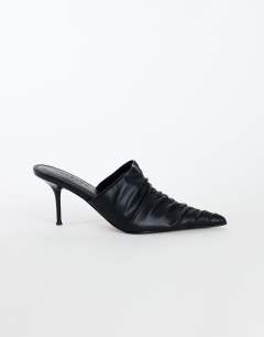 Model wearing Ansel ruched pointed mid heel court shoe in black