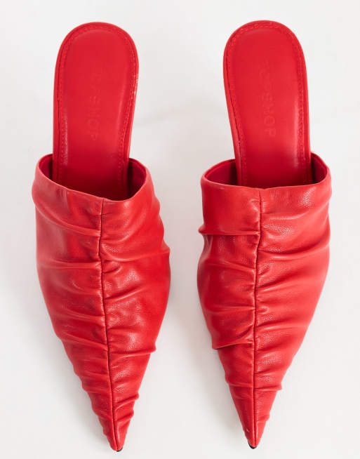Topshop Ansel ruched pointed mid heel court shoe in red, 3 of 4