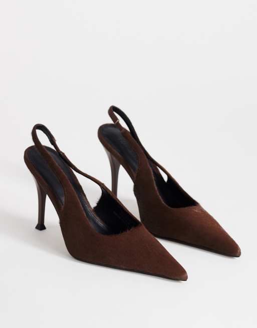 Topshop - Anya - Brune højhælede pumps med hælrem i ægte læder med hår, 2 af 4