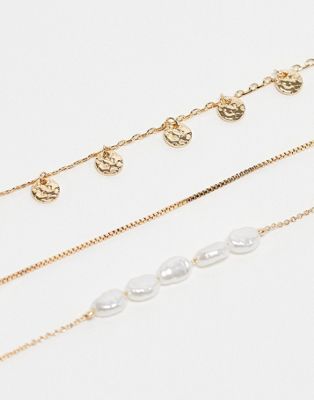Topshop Anya Pack Of 3 Chain Anklets With Pearl Detail In Gold Tone In Multi