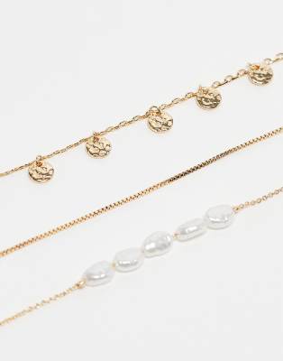 Topshop Topshop Anya pack of 3 chain anklets with pearl detail in gold tone