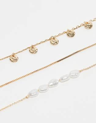 Topshop Anya pack of 3 chain anklets with pearl detail in gold tone