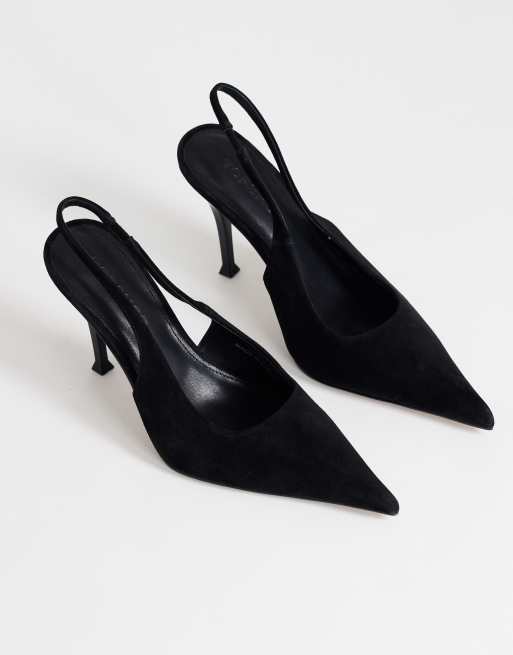 Topshop Anya real suede sling back high heeled pumps in black, 2 of 4