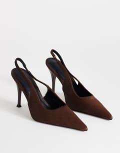 Model wearing Anya sling back high heeled court shoe in chestnut hair on real leather