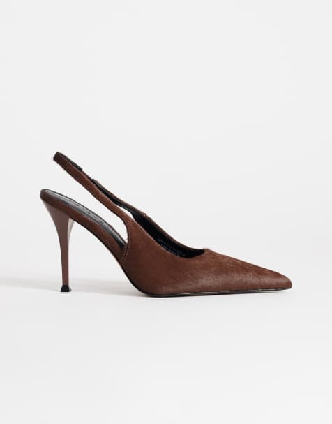 Topshop Anya sling back high heeled court shoes in chestnut hair on real leather - view 1