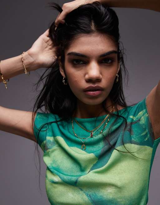 Topshop apple print mesh cap sleeve top in green | ASOS