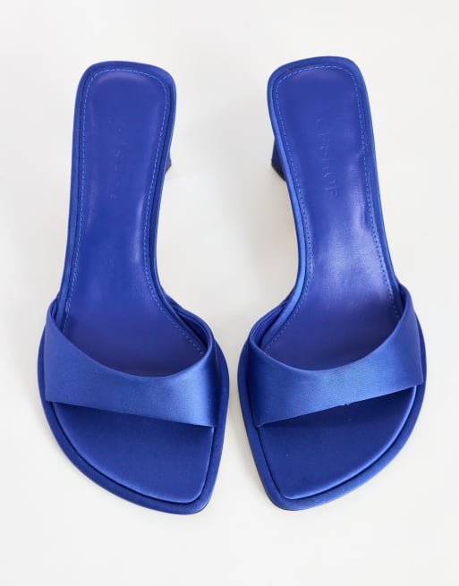Topshop Ari mule mid heeled sandal in cobalt satin, 3 of 4