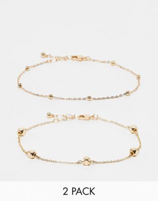 Topshop Ari Pack Of 2 Anklets With Ball Chain In Gold Tone