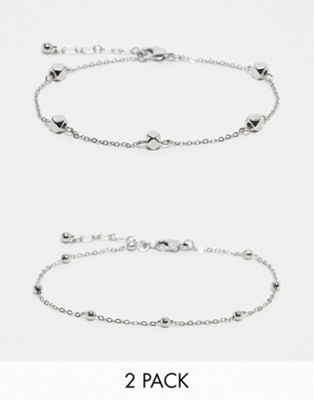 Topshop Ari Pack Of 2 Anklets With Ball Chain In Silver Tone In Metallic