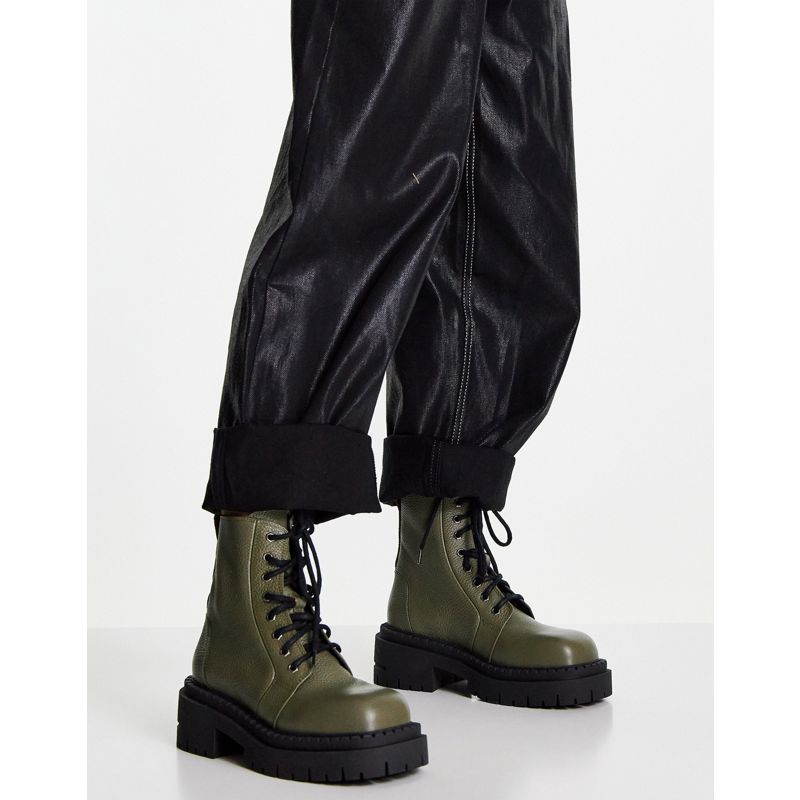 Stivali Scarpe Topshop - Ariana - Stivali stringati in pelle verde kaki con suola spessa