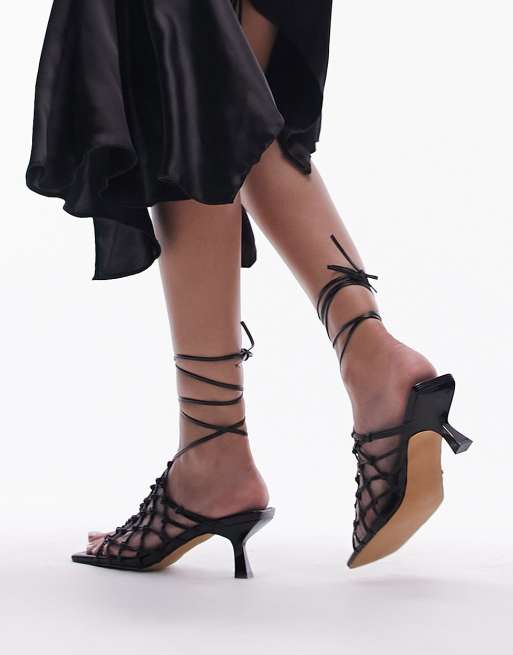 Topshop Ariel caged mid heel sandals with ankle tie in black